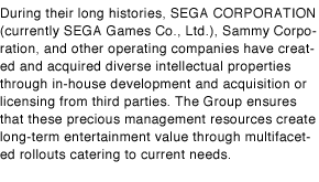 During their long histories, SEGA CORPORATION (currently SEGA Games Co., Ltd.), Sammy Corporation, and other operating companies have created and acquired diverse intellectual properties through in-house development and acquisition or licensing from third parties. The Group ensures that these precious management resources create long-term entertainment value through multifaceted rollouts catering to current needs.